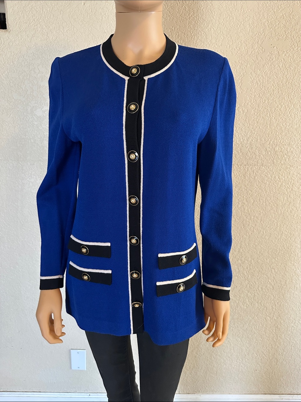St. John Collection Cobalt Blue Knit Jacket with Black Trim